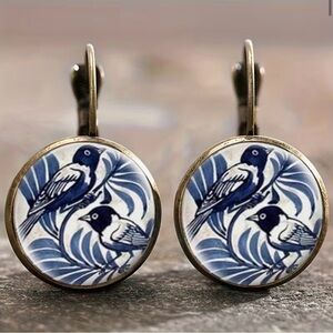 Blue Bird Porcelain-Style Round Drop Earrings